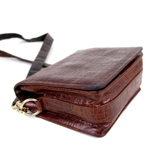 Neiman Marcus BROWN GENUINE LEATHER CROCO PRINT FLAP SHOULDER BAG X-BODY PURSE - Picture 8 of 15